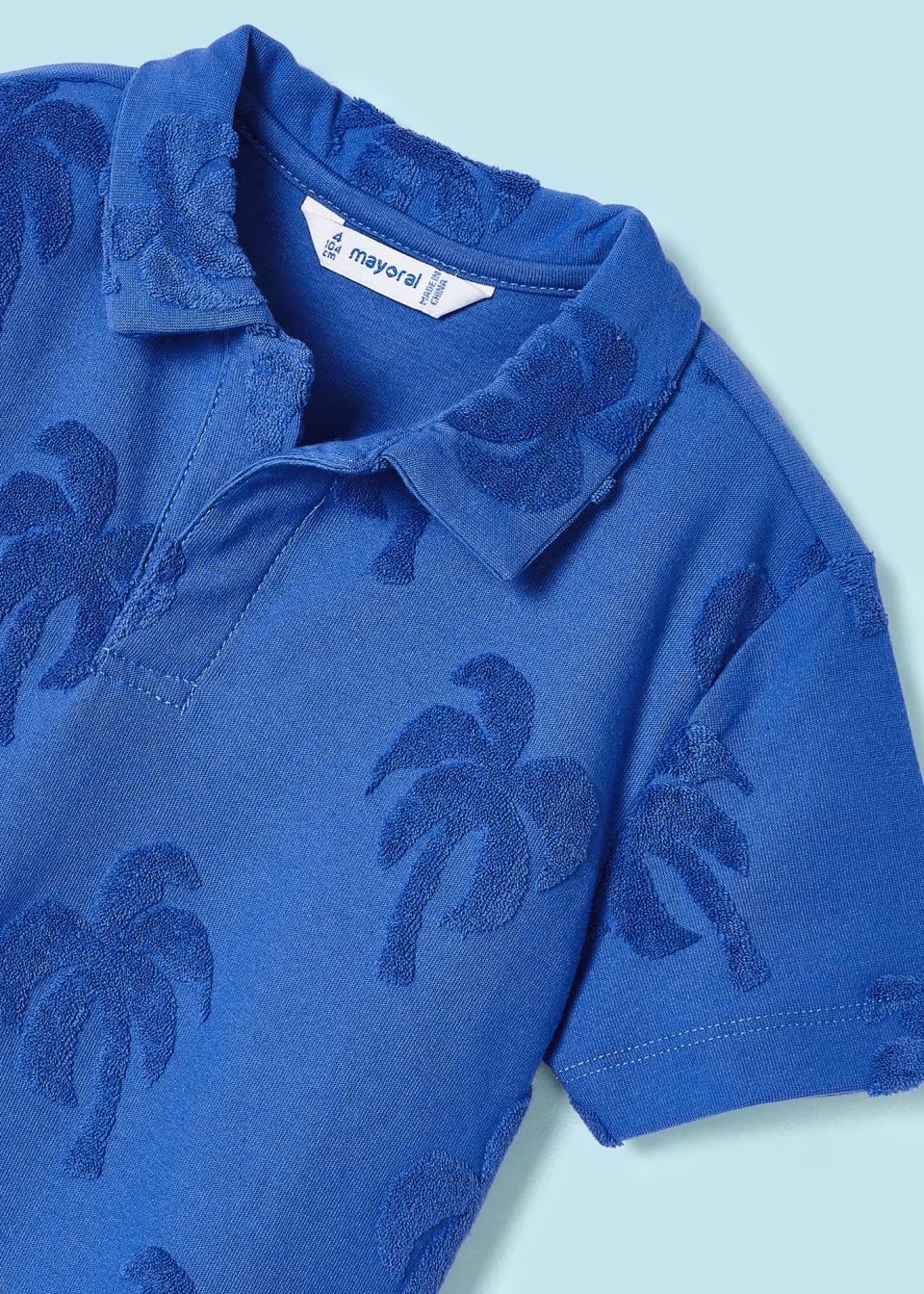 poloshirt-palmen-jungen-riviera-XL-6 Mayoral Boys Poloshirt in Blau mit Frottee Palmen
