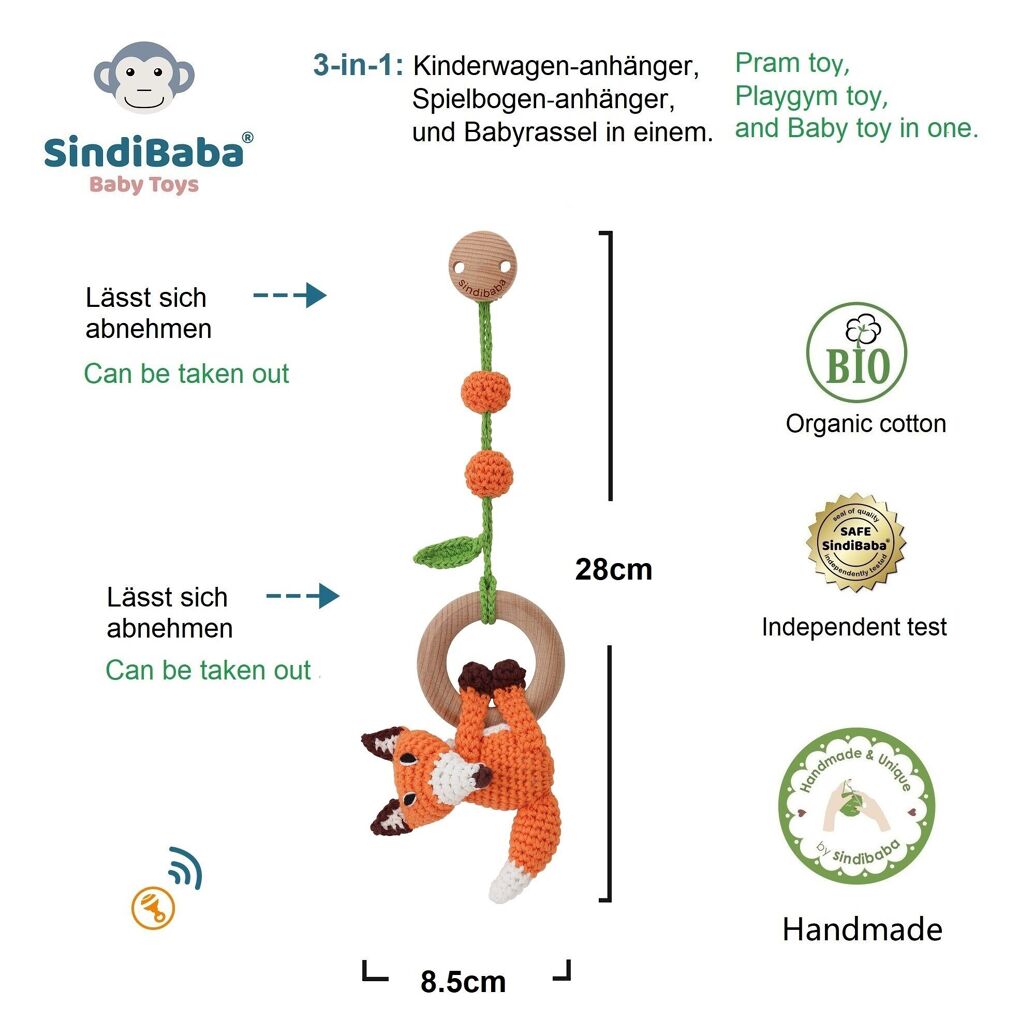 Sindibaba 3in1 Hängespielzeug Gehäkelt - Rasselring & Kinderwagenanhänger Fuchs Fred Sindibaba 3in1 Hängespielzeug Gehäkelt - Rasselring & Kinderwagenanhänger Fuchs Fred