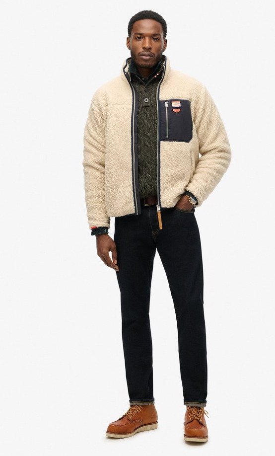 Superdry Vintage Retro Teddy Fleece Jacke in Creme & Blau 