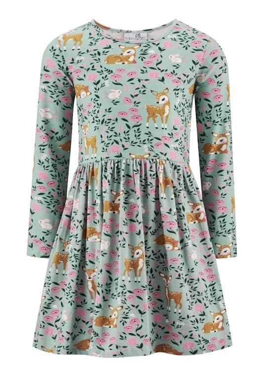 Happy Girls Jersey Kleid in Grün mit Blumen und Bambi Allover