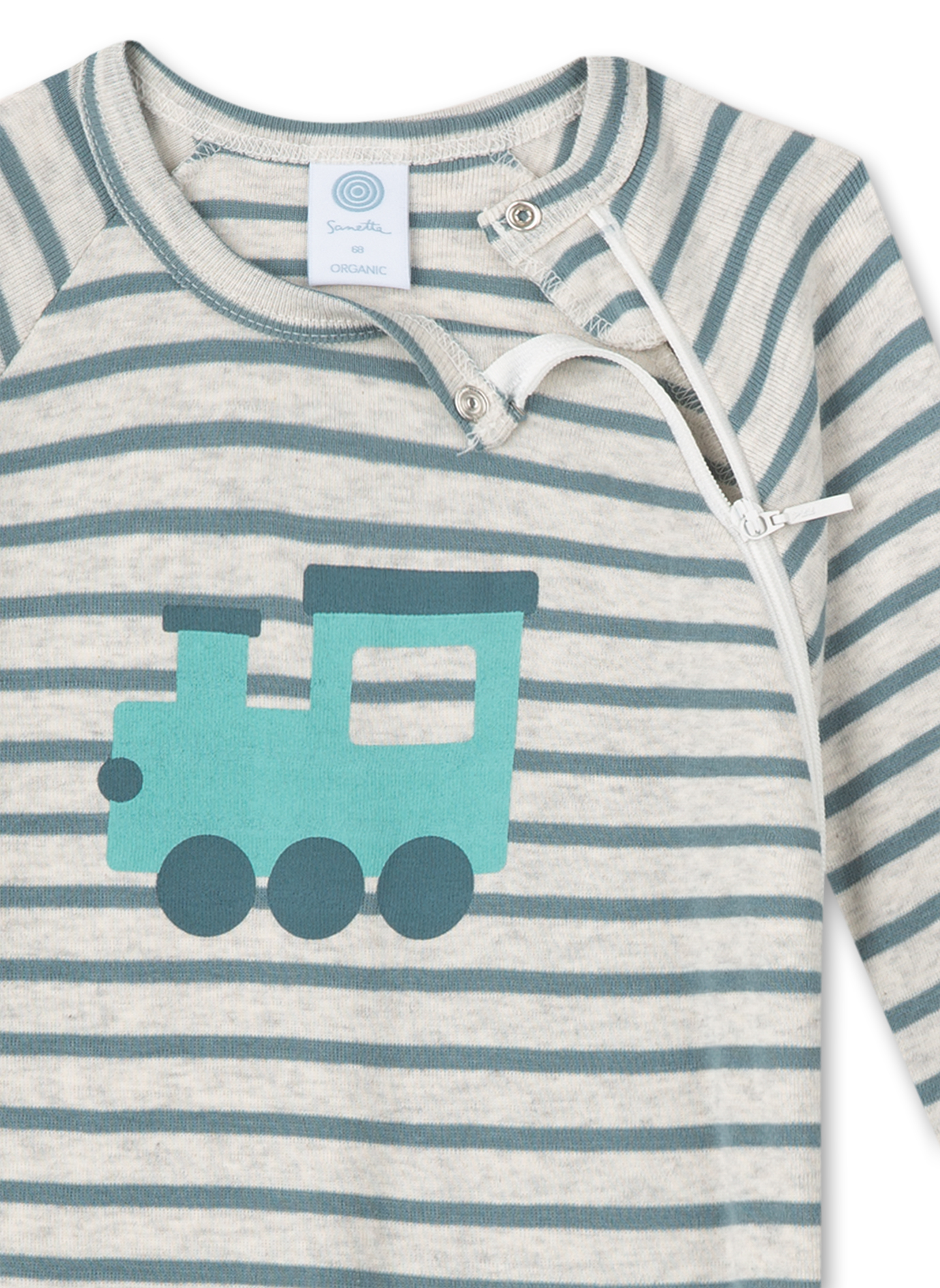 Sanetta Strampler in Beige Melange gestreift - Lokomotive