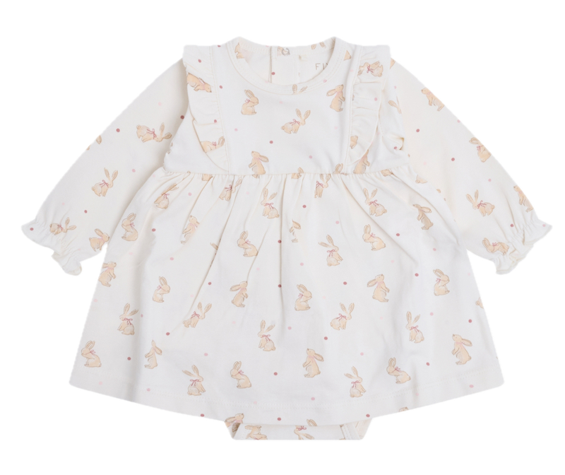 FIXONI Langarm Jersey Kleid in Pale Lilac mit integriertem Body - Hasen Allover FIXONI Langarm Jersey Kleid in Pale Lilac mit integriertem Body - Hasen Allover