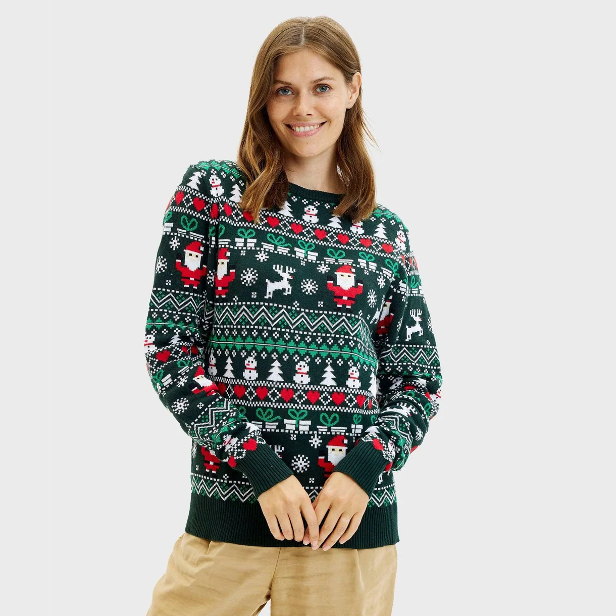 Christmas Sweater mit Santa Weihnachtspullover für Damen & Herren in Grün- Bio Baumwolle