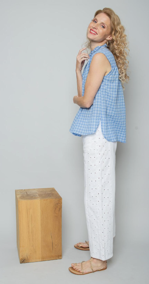Emily van den Bergh Seersucker Bluse Ärmellos in Blau Vichy Karo