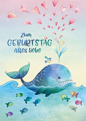 Edition Gollong Postkarte zum Geburtstag mit Glitzer - Wal mit Herzen