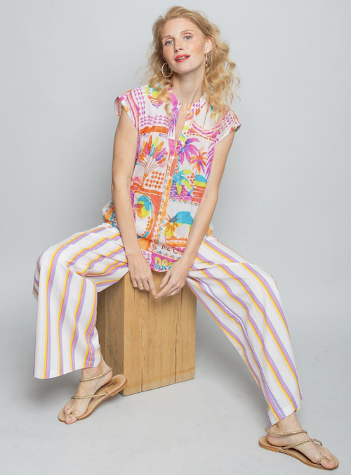 Emily van den Bergh Kurzarm Bluse mit Leuchtenden Tropischen Palmen Print