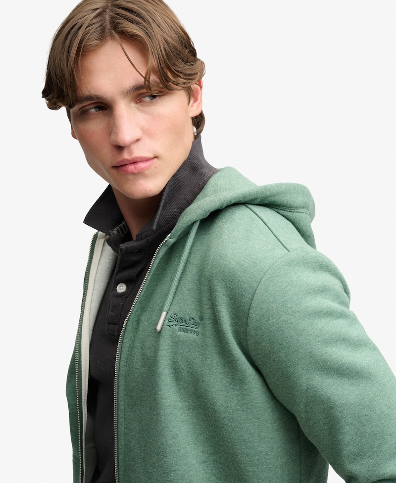 Superdry Herren Essential Hoodie Kapuzenjacke in Grün mit gesticktem Logo - Bay Green Marl 