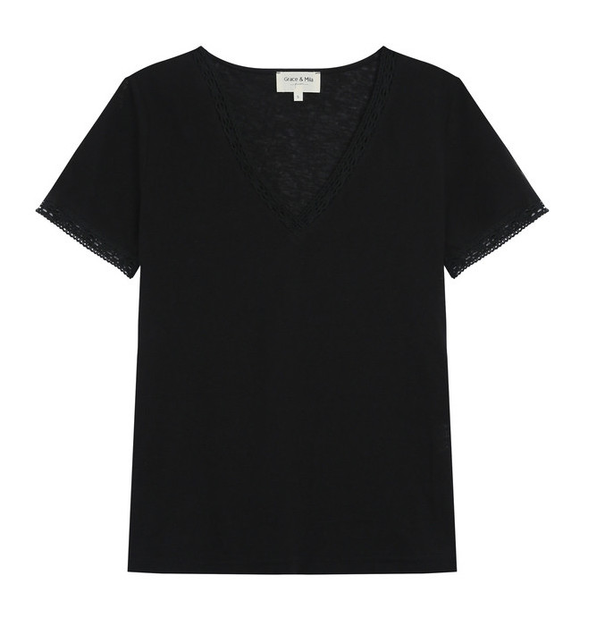 Grace & Mila Rome T-Shirt Noir in Schwarz mit V-Ausschnitt & Spitze Grace & Mila Rome T-Shirt Noir in Schwarz mit V-Ausschnitt & Spitze