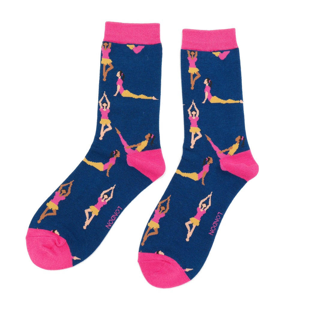 miss-sparrow-socken-bamboo-yoga-poses-navy Miss Sparrow Bambus Socken in Navy & Pink - Yoga Poses