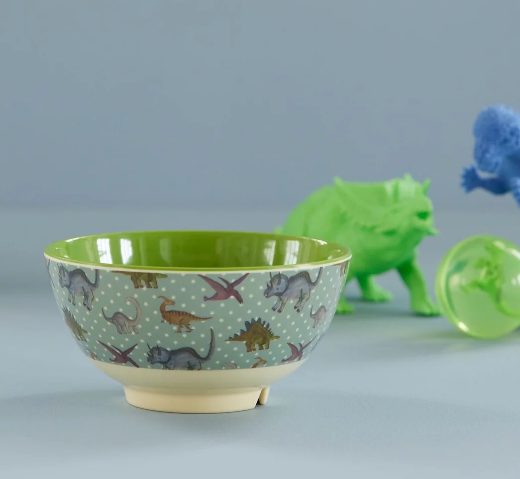RICE Melamin Schüssel Medium - Graublau - New Dino Print