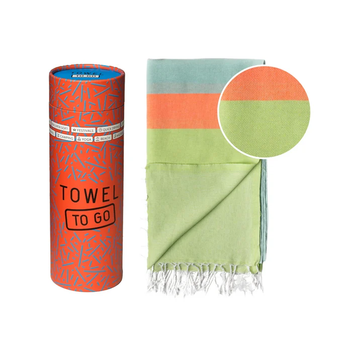 TOWEL TO GO NEON Baumwoll-Strandtuch Spa Saunatuch mit Geschenkbox - Blau und Coral