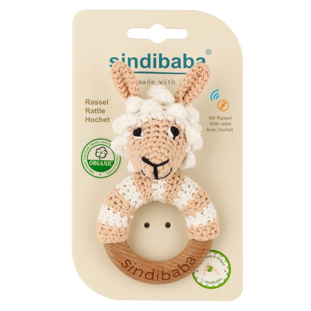 sindibaba-rassel-holzring-lama-bio-baumwolle-2 Sindibaba Baumwolle Häkel-Rasselring handgeferttigt Lama