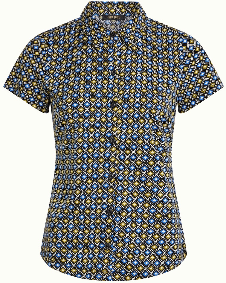 King Louie Damen Bluse Blend - Rauten in Blau/Grün