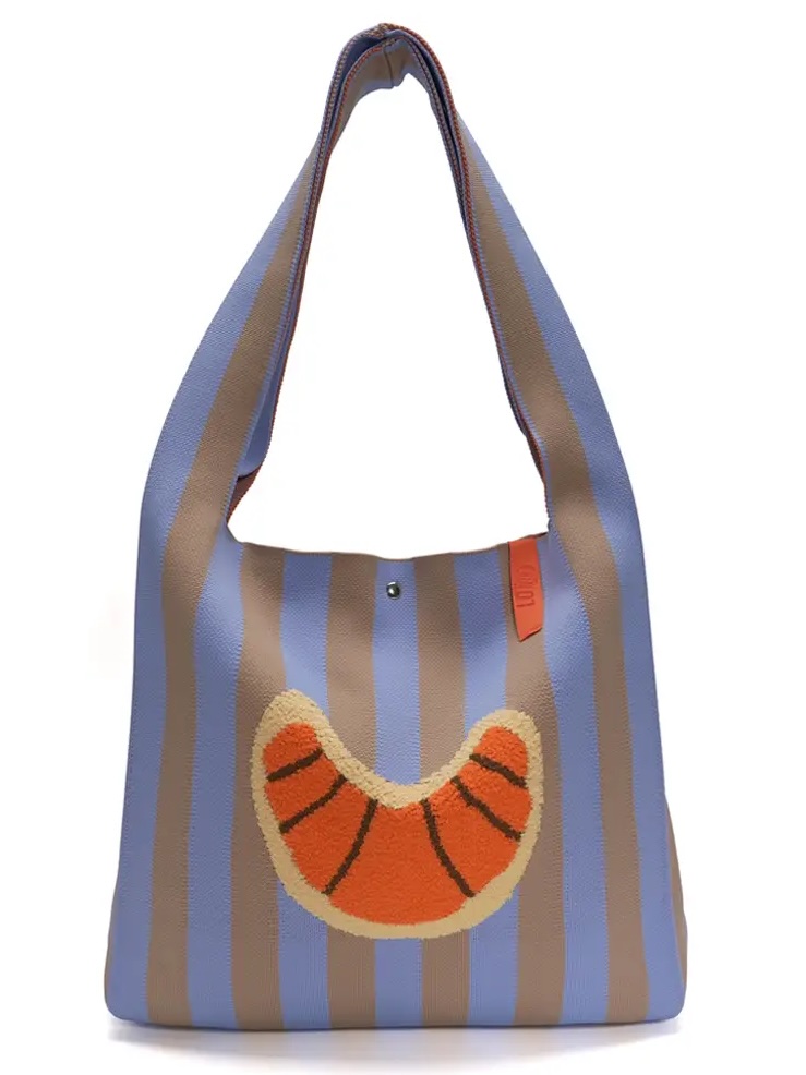 LOT83 LOIS Material Mix Gestrickte Shopper Tasche Hellblau Beige Gestreift mit Flock Croissant LOT83 LOIS Material Mix Gestrickte Shopper Tasche Hellblau Beige Gestreift mit Flock Croissant