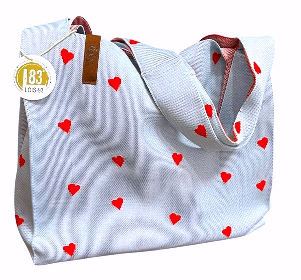 LOT83 Gestrickte Shopper Tasche mit mit Druckknopf - Hellblau mit Herzen Allover 