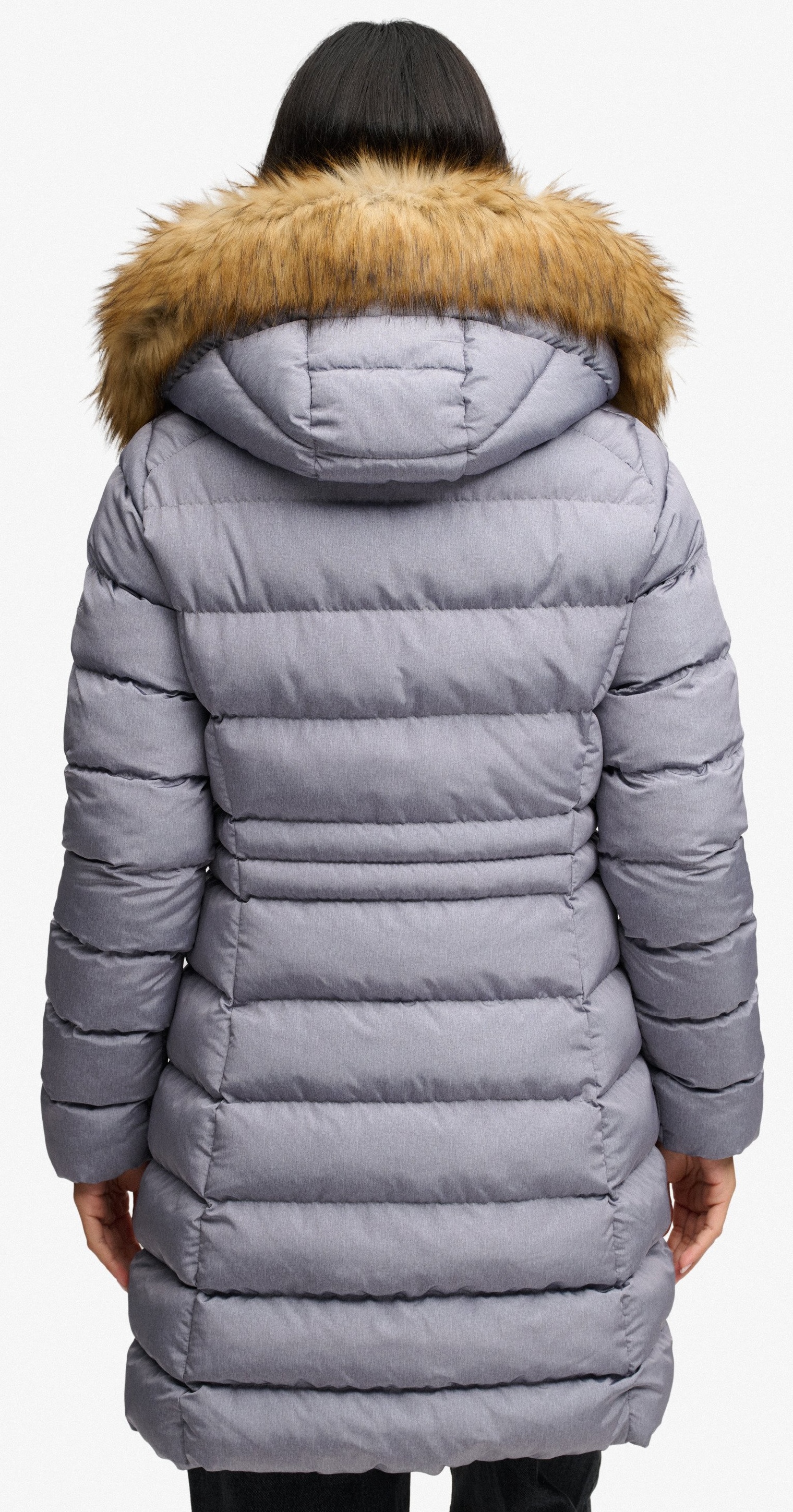 Superdry Damen Fuji mittellanger Mantel mit Kunstfellkapuze in Grau