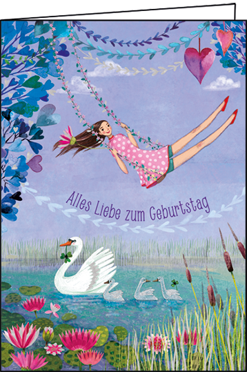 1-8151-1 Edition Gollong Grußkarte Alles Liebe zum Geburtstag - Frau am Schaukel mit Schwann