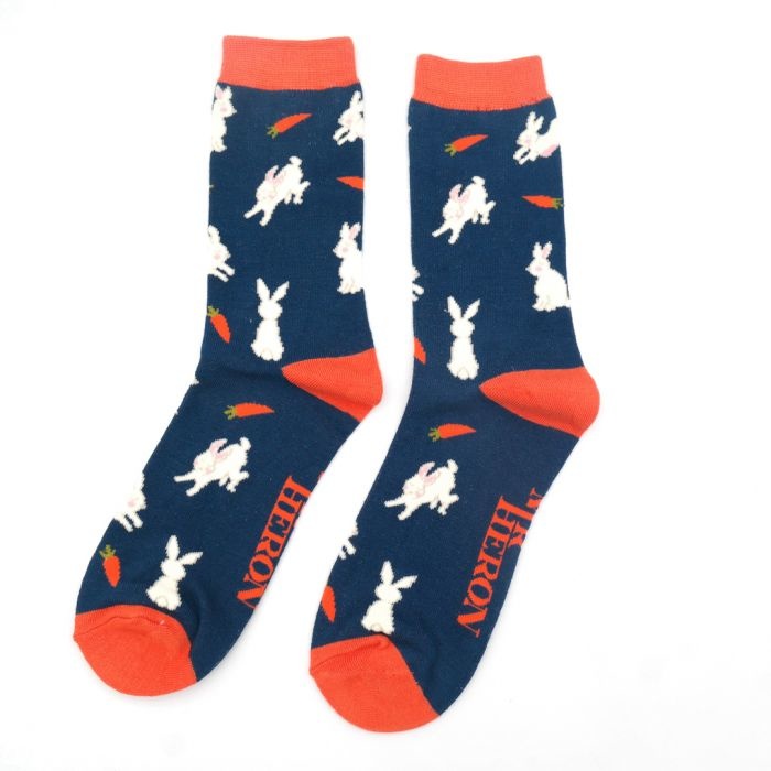 miss-sparrow-maenner-socken-bunnies-carrots-navy Mr. Heron Herren Socken Bambus in Navy - Hasen