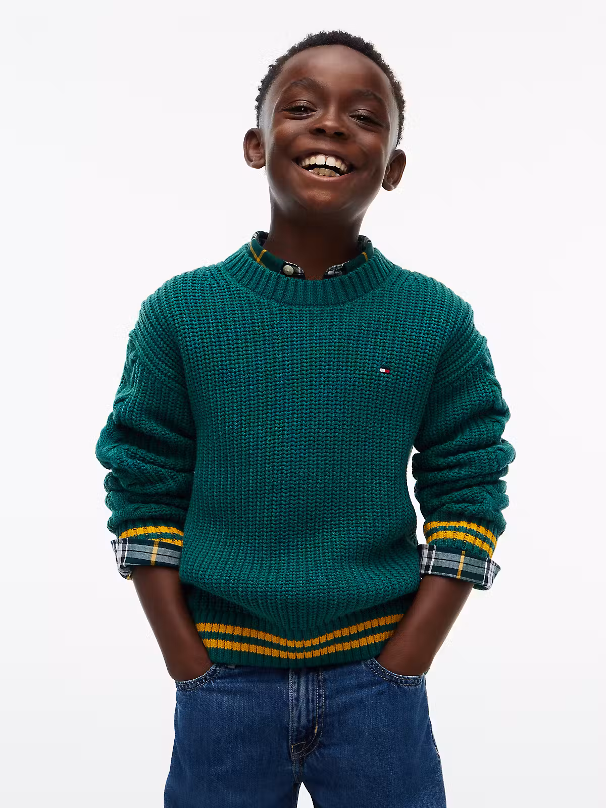 Tommy Hilfiger Placed Chunky Strick Pullover in Grün mit Gelben Ringel am Arm und Bund