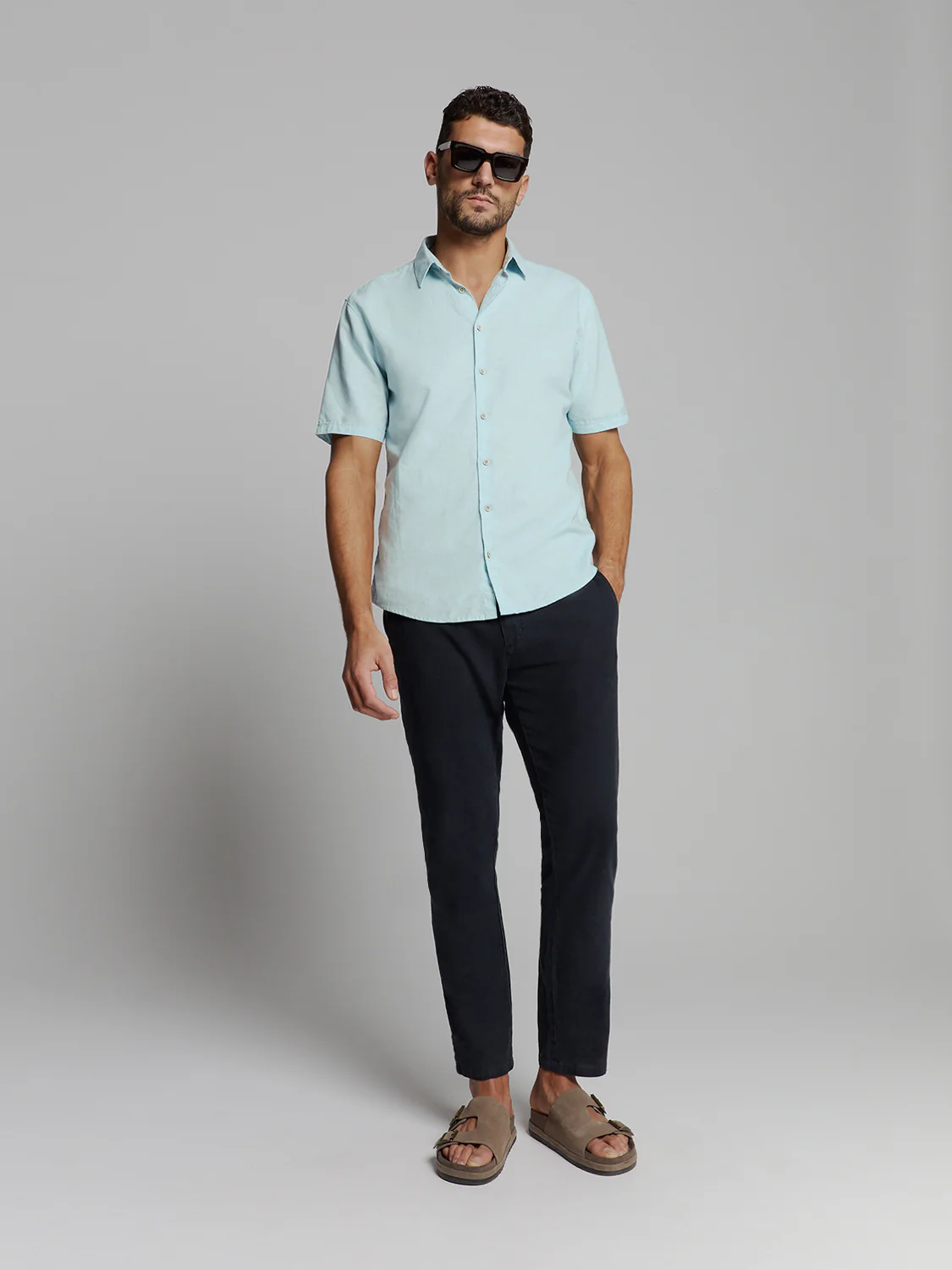 NO EXCESS Kurzarm Leinen Hemd mit in Ice Blau