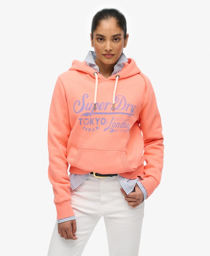 Superdry Damen Tokyo London Hoodie in Neon Coral mit Flieder Schrift