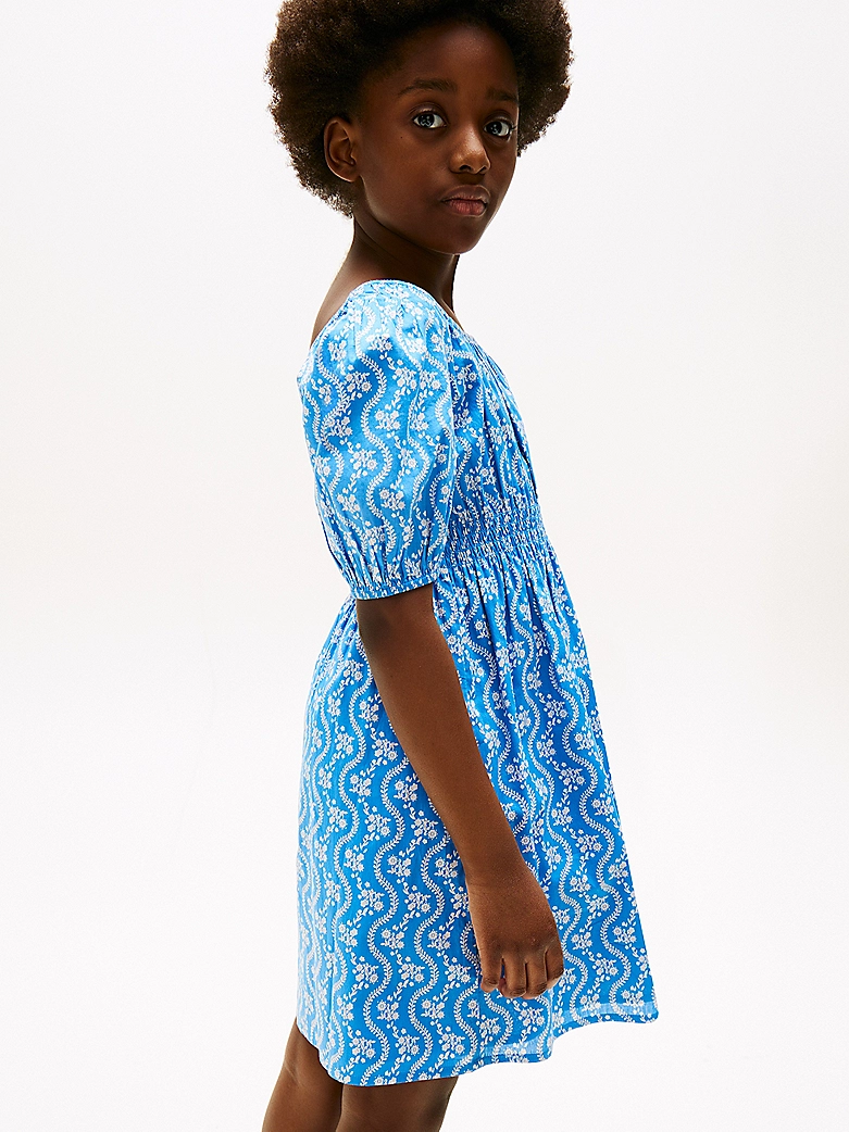 Tommy Hilfiger Gesmoktes Kleid mit Blumen-Print in Blau - SALE Tommy Hilfiger Gesmoktes Kleid mit Blumen-Print in Blau - SALE