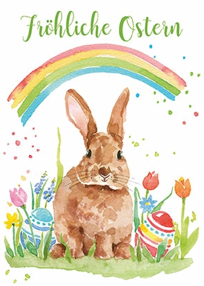 Edition Gollong Postkarte - Frohe Ostern mit Hase & Regenbogen