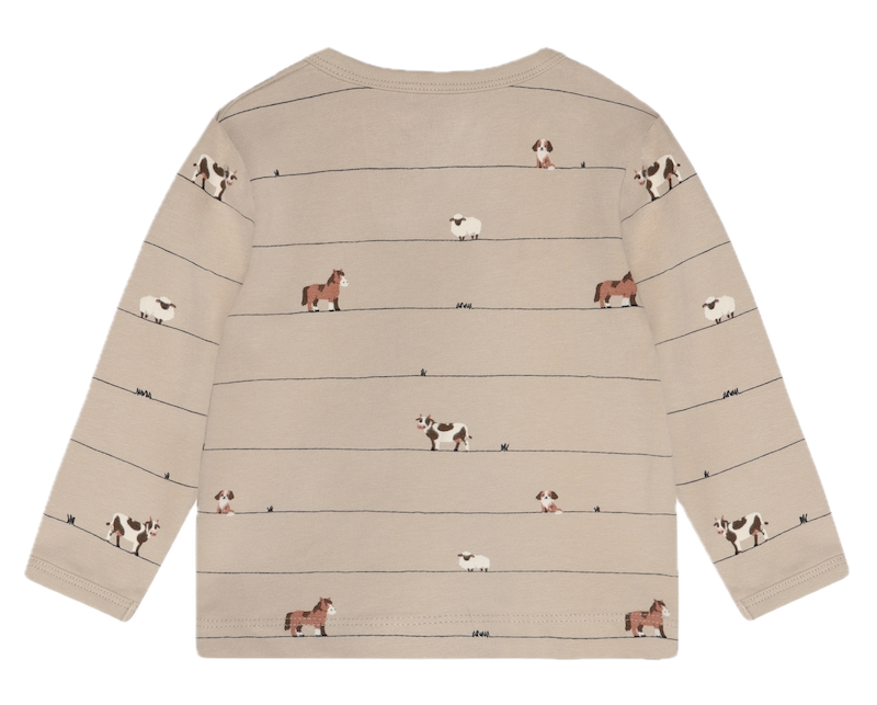 Minymo Langarm Henley Shirt in Beige - Bauernhof Tiere