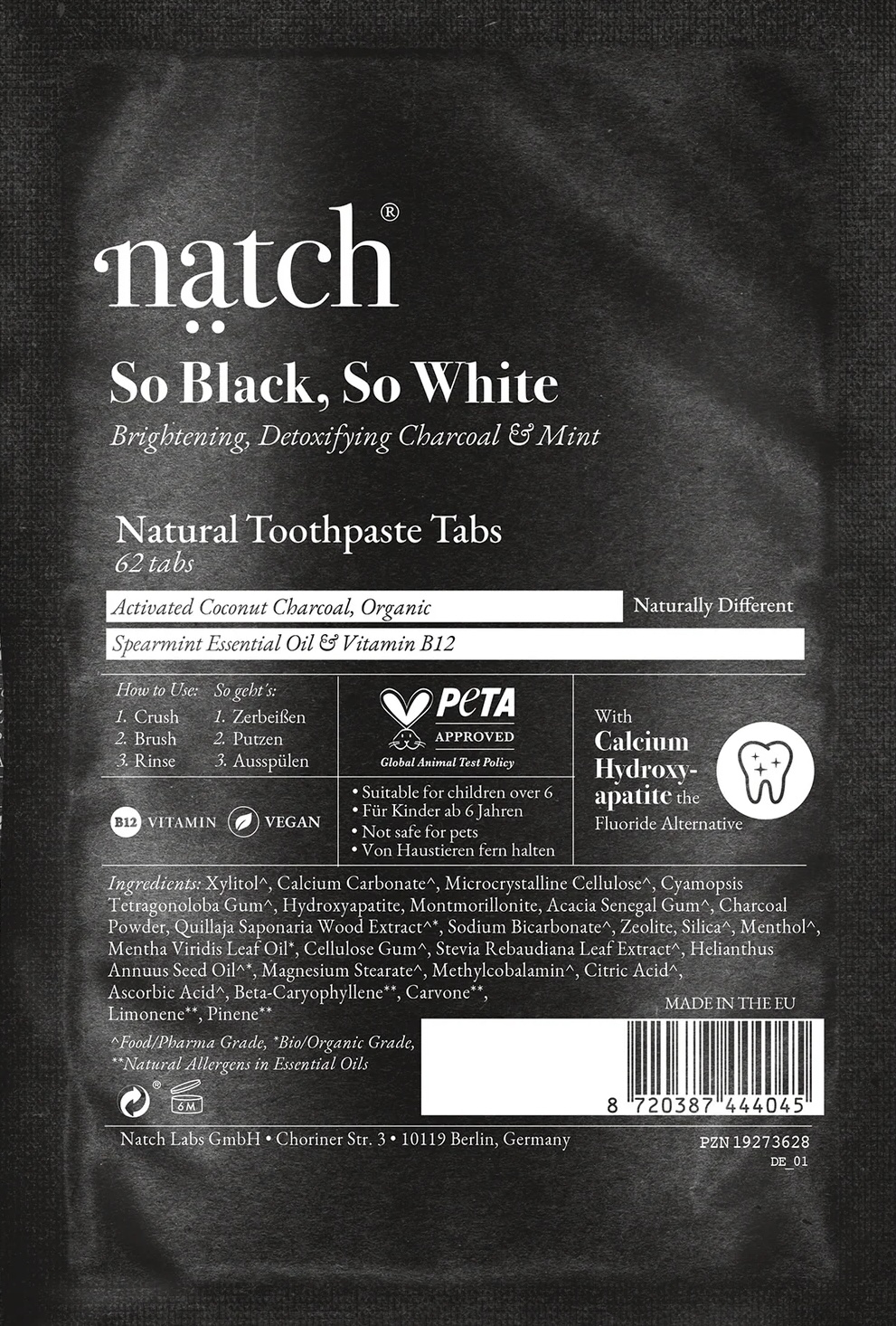 NATCH Zahnpasta-Tabletten für natürlich strahlend weiße Zähne - So Black, So White - Nachfüllpackung