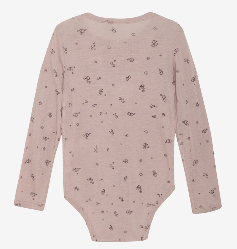 FIXONI Wolle Seide Langarm Body in Altrosa - Blumen Allover 