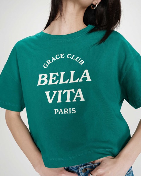 Grace & Mila Oversized cropped T-Shirt VOSS mit Slogan BELLA VITA - Grün