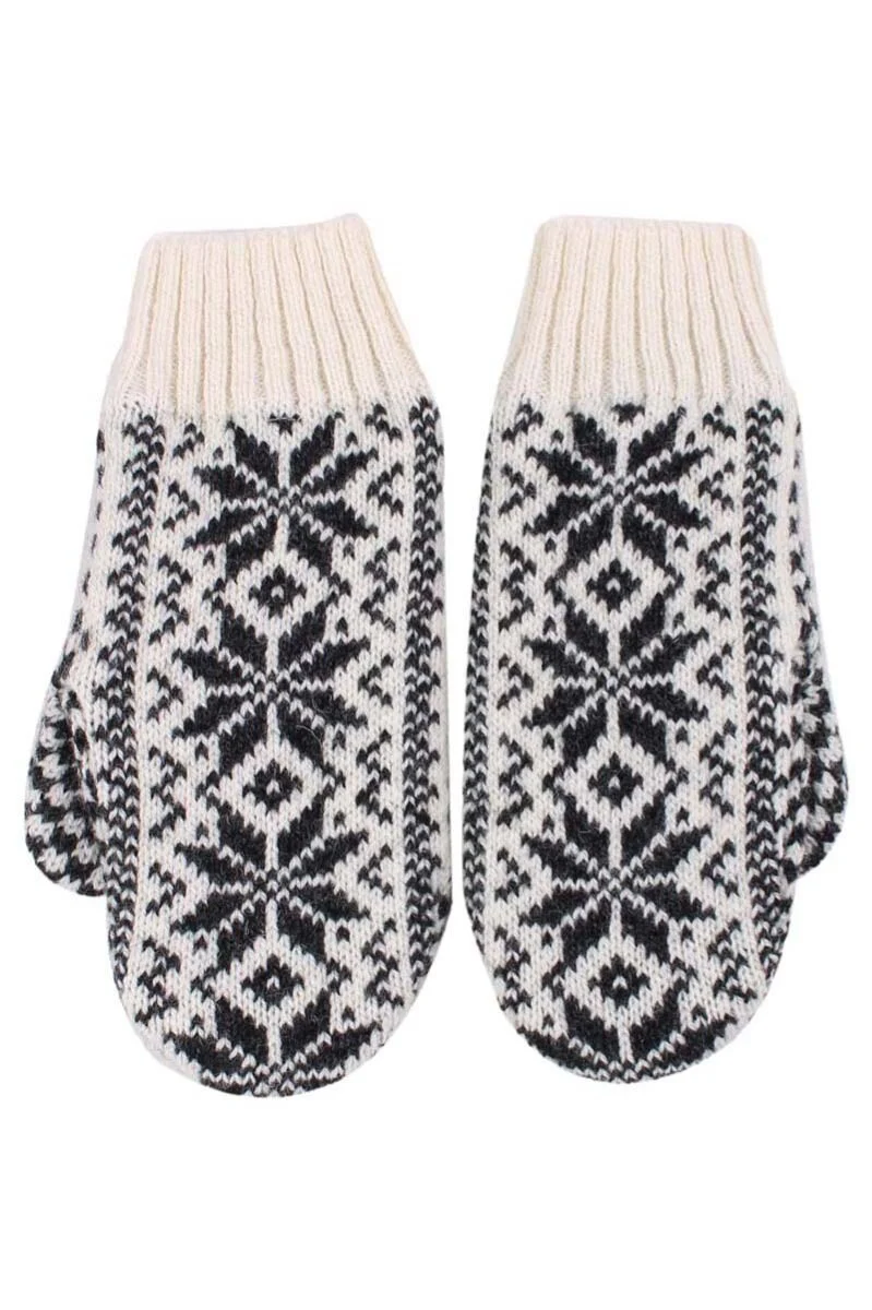 Danefae Wollhandschuhe in Weiß & Dunkelgrau mit Norweger Muster - One Size Danefae Wollhandschuhe in Weiß & Dunkelgrau mit Norweger Muster - One Size