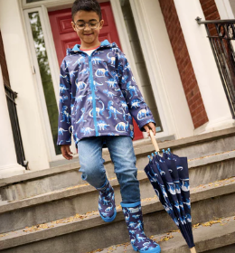 Hatley Regenjacke mit Frottee Futter in Blau mit Farbwechsel wenn naß - Dinosaurier