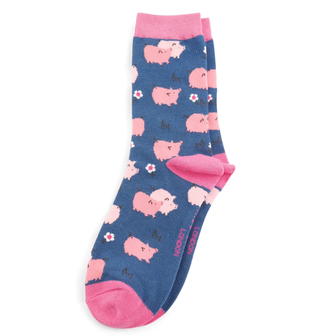 Miss Sparrow Bambus Socken in Navy & Pink - Schweine