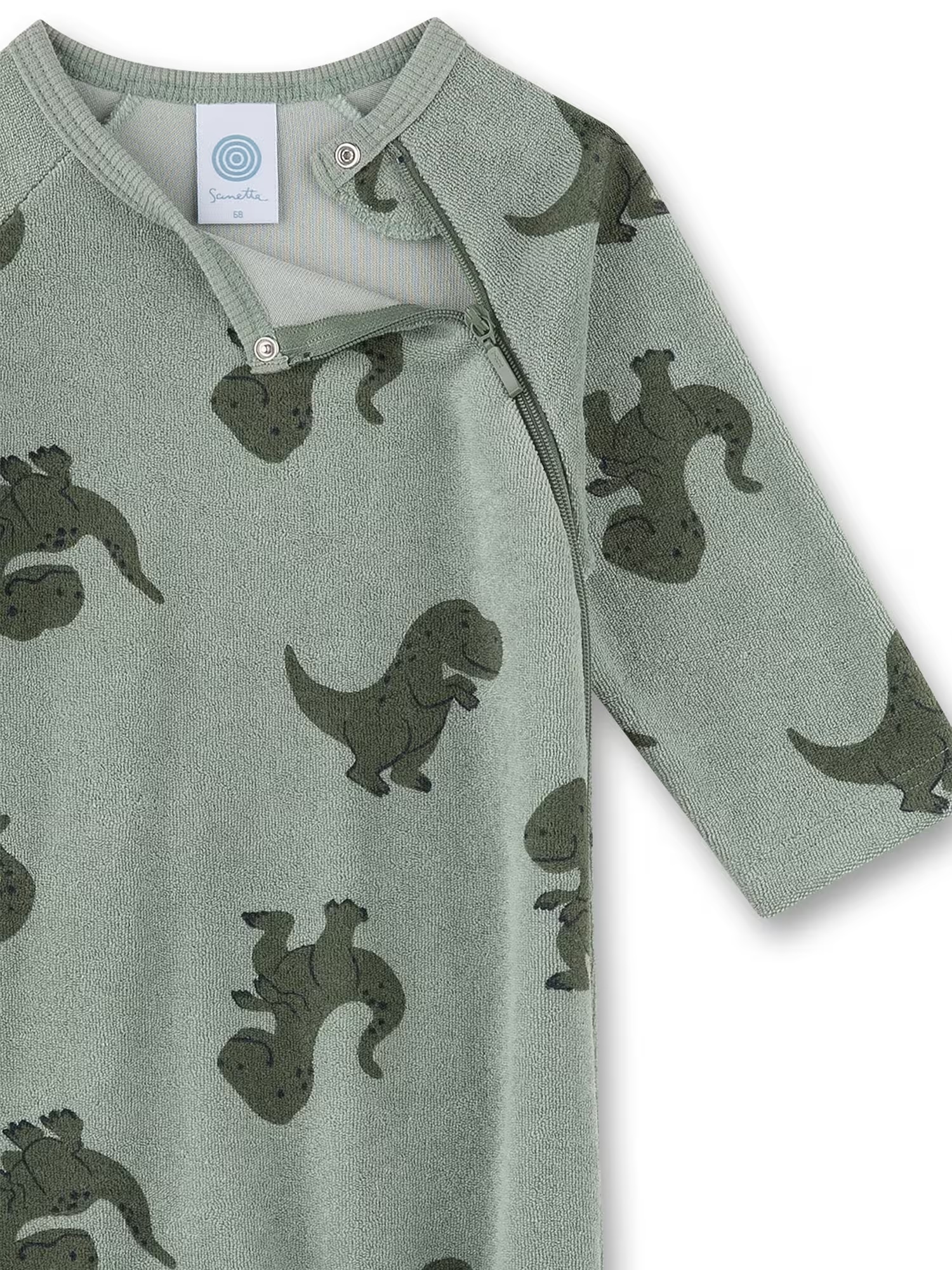 Sanetta Baby Frottee-Schlafoverall mit Dino-Allover in Khaki – Strampler mit Klappfüßchen