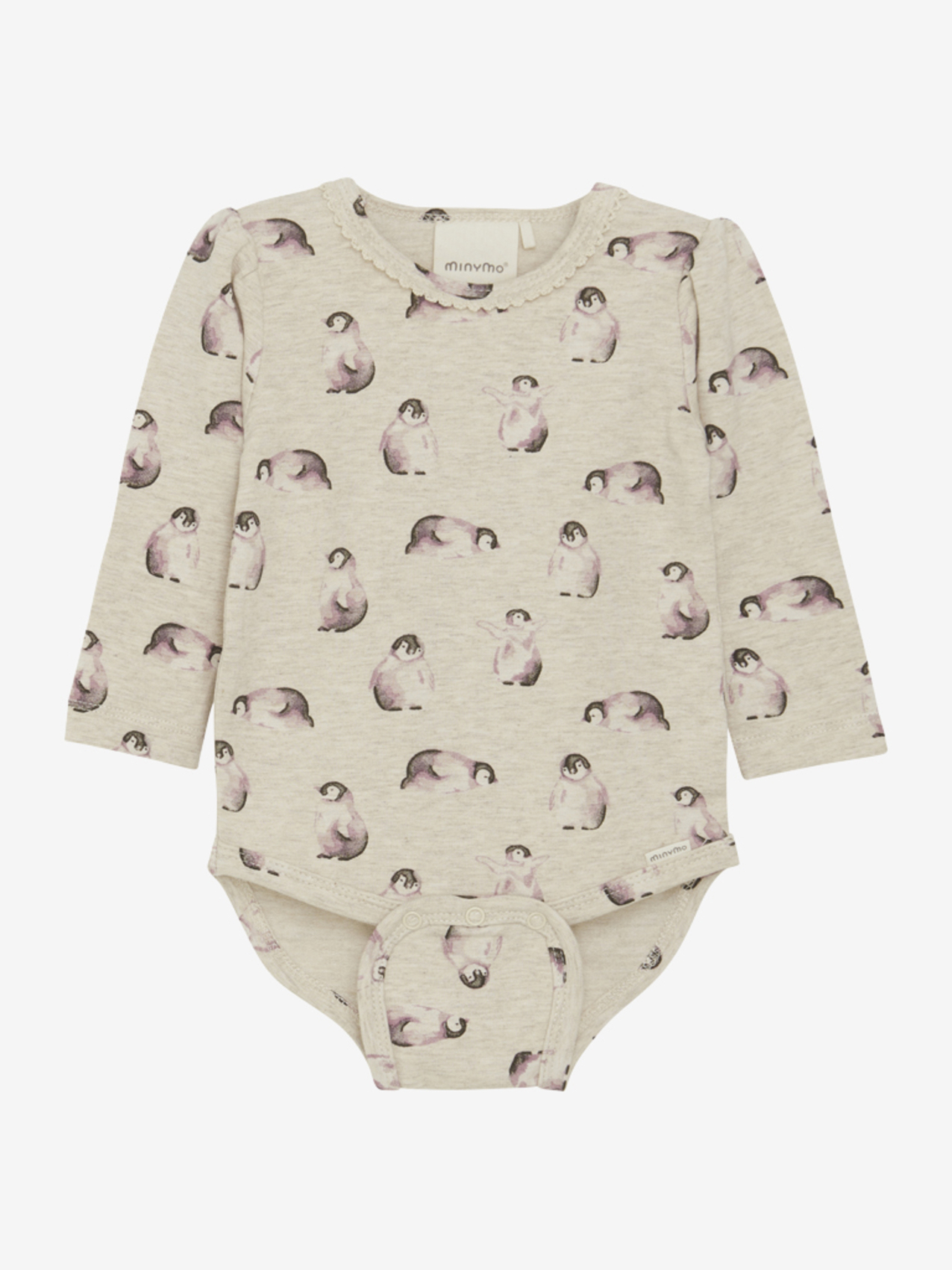 Minymo Langarmbody mit Pinguin Druck in Beige Melange - SALE Minymo Langarmbody mit Pinguin Druck in Beige Melange - SALE