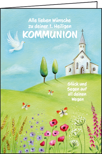 Edition Gollong Grußkarte zu 1. Heiligen Kommunion - Kirche auf der Wiese