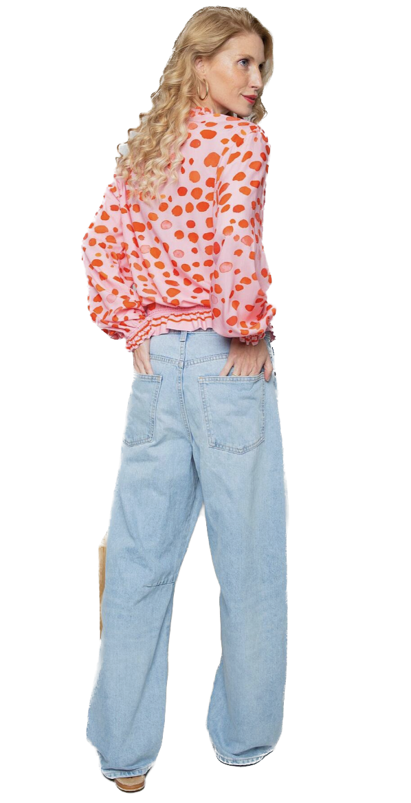 Emily van den Bergh Langarm Bluse in Rosa mit Aqua Dots in Rot