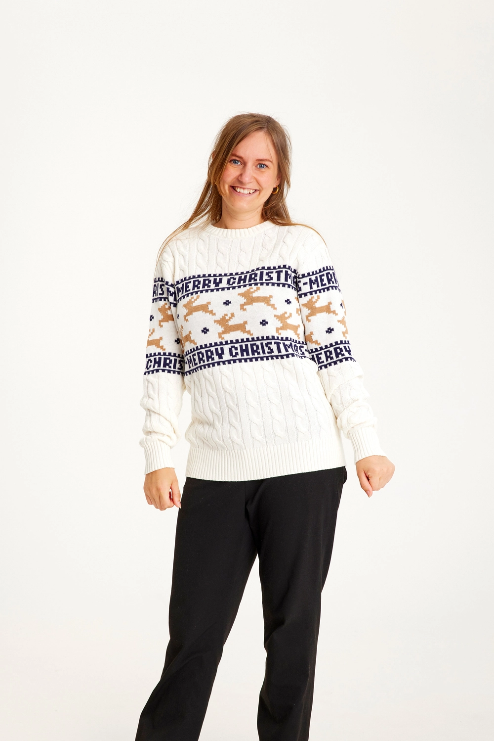 Christmas Sweater Elegant in Creme mit Zopfmuster & Rentier - Bio Baumwolle 