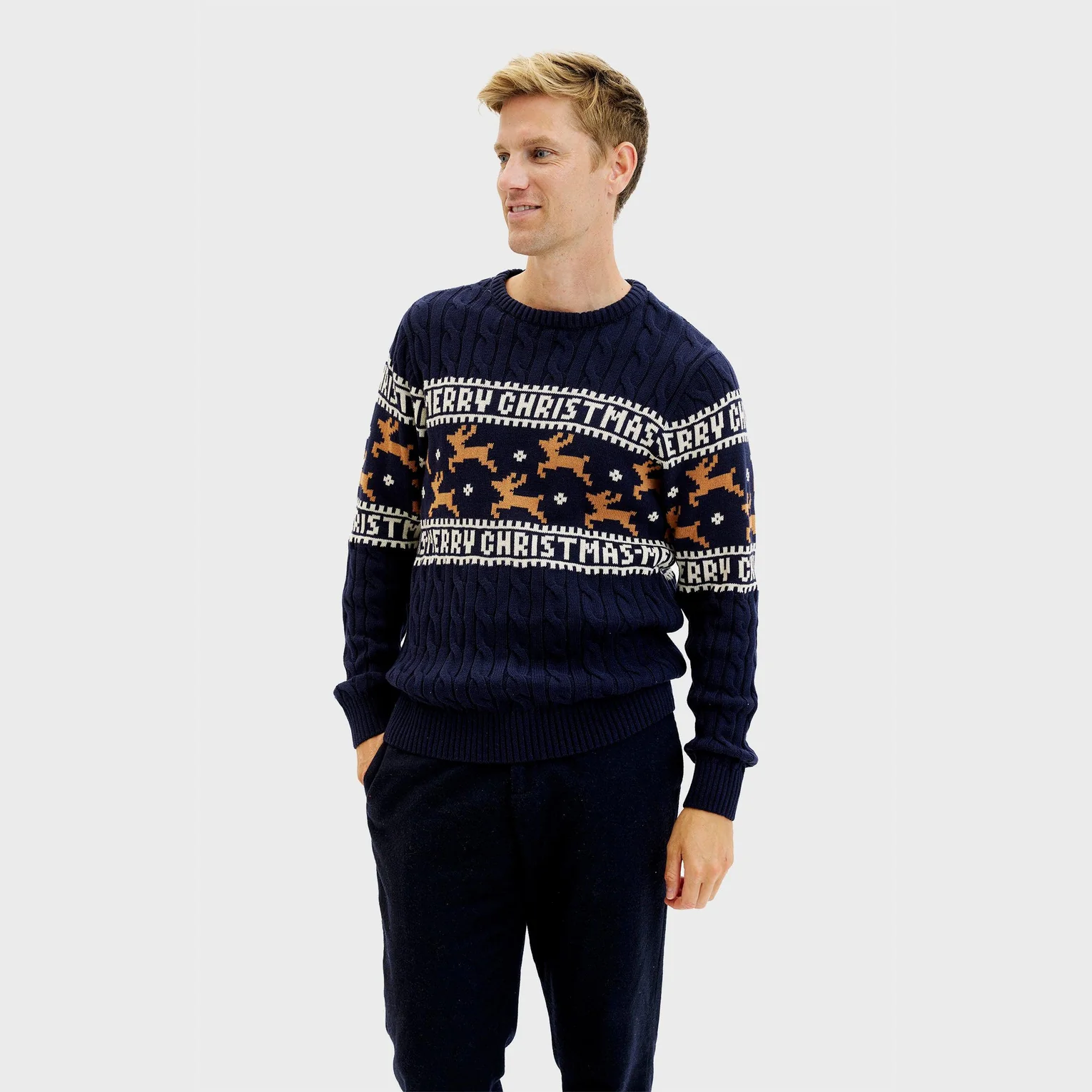 Christmas Sweater Elegante Weihnachtspullover Rentier Navy Kabelstrick - Merry Christmas