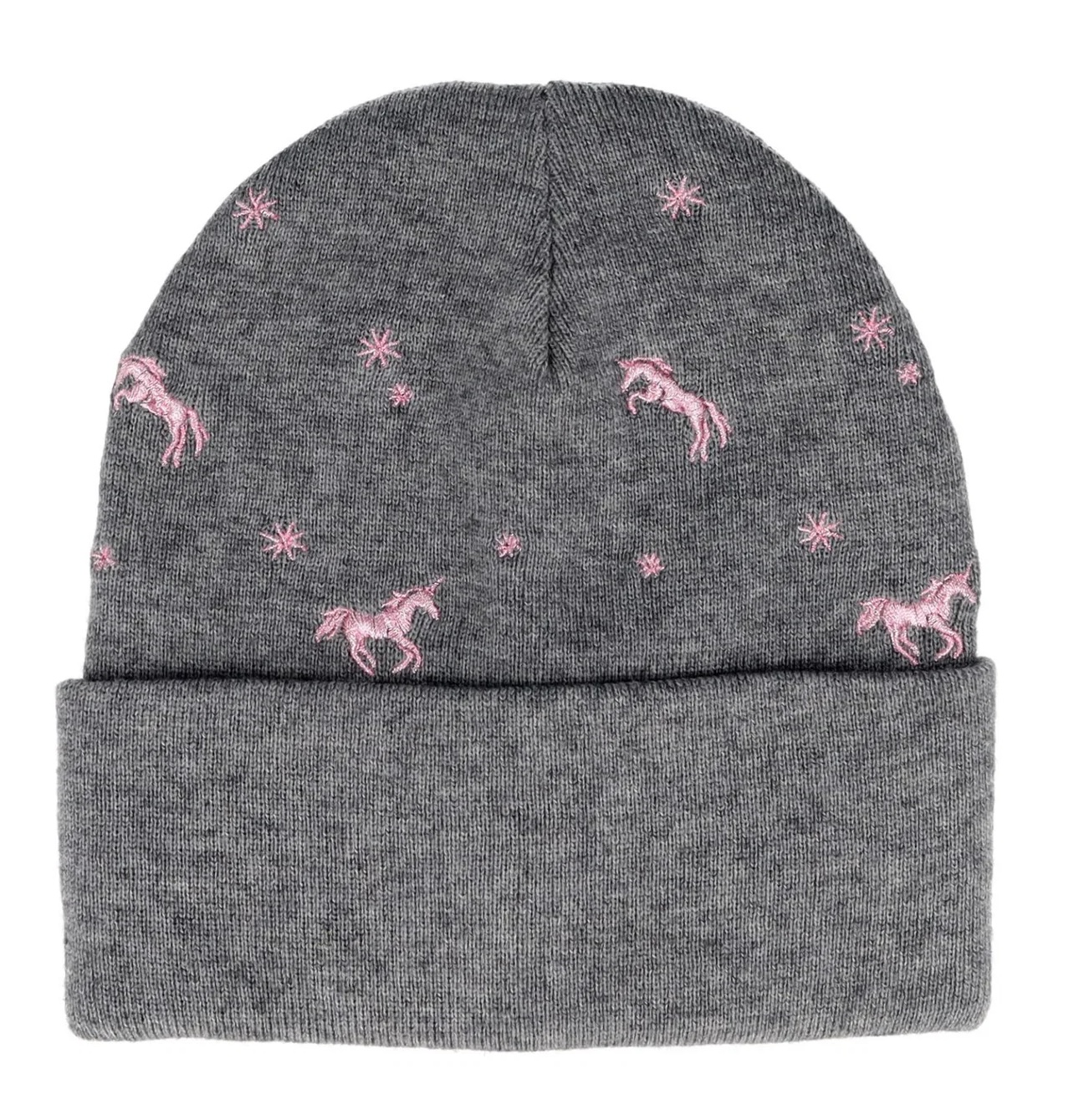 maximo Mädchen Beanie in Mittelgraumeliert mit Einhorn- und Sternenstickerei – Doppelt gestrickt