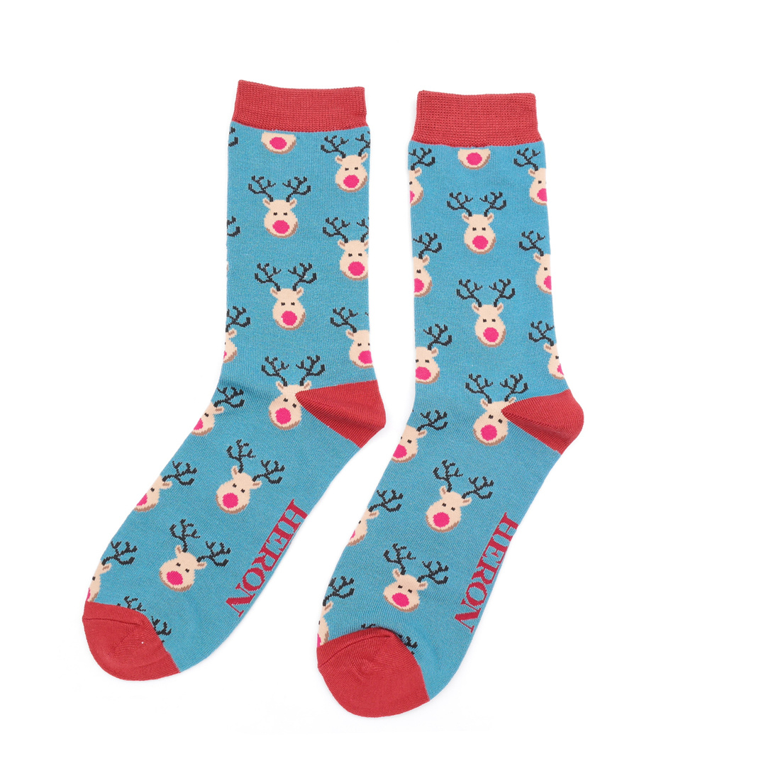 Mr. Heron Herren Socken Bambus in Aqua Blau - Rentier