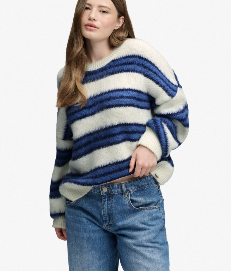 Superdry Damen Strickpullover gestreift mit lockerer Passform - Bleached Denim Blue Stripe
