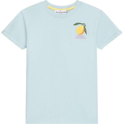 Danamade DMARLENE Kurzarm Mädchen T-Shirt in Blau mit Zitrone und Backprint - Lemon Squeezy