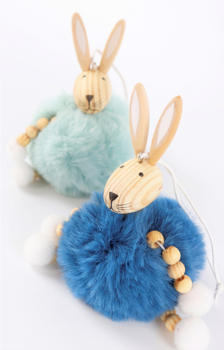 Hoff Interieur Deko - Pompon Bunnies - Hasenanhänger aus Holz mit Plüsch
