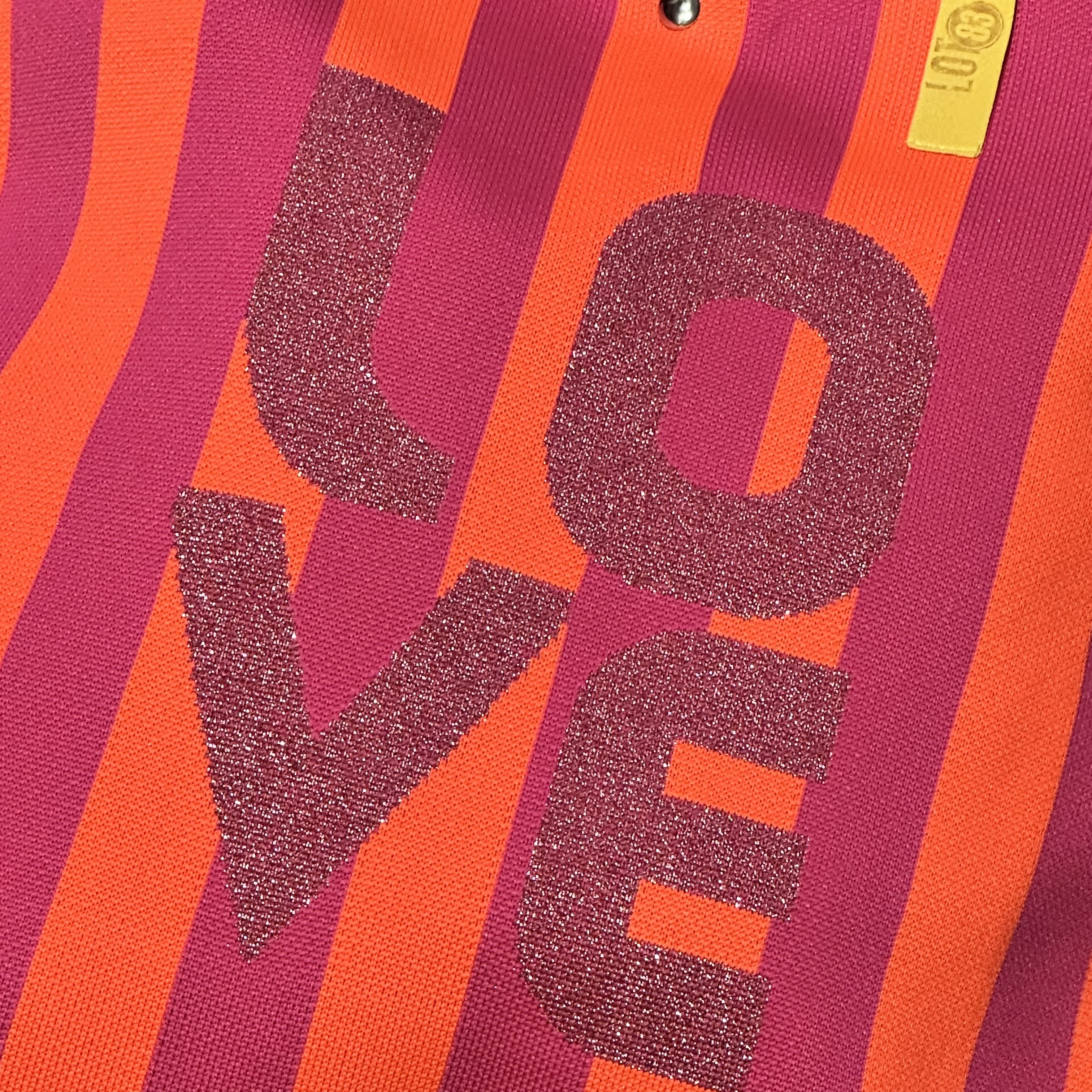 LOT83 REBEL LOIS Material Mix Gestrickte Shopper Tasche Orange & Rot Gestreift mit Glitzerschrift LOVE
