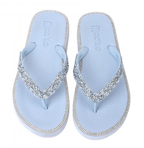 Moo' Ilo Damen Flip Flops Anna Hellblau mit Glitzersteine + Metallic Blau Neoprene Clutch 