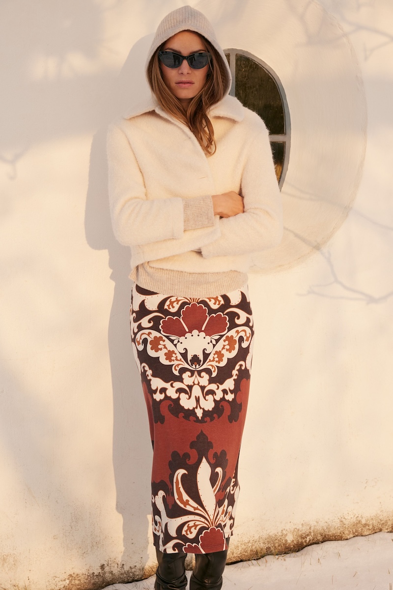 MIss Lagotte Langer Ornament-Rock Rostbraun Creme | Maxirock Damast-Muster