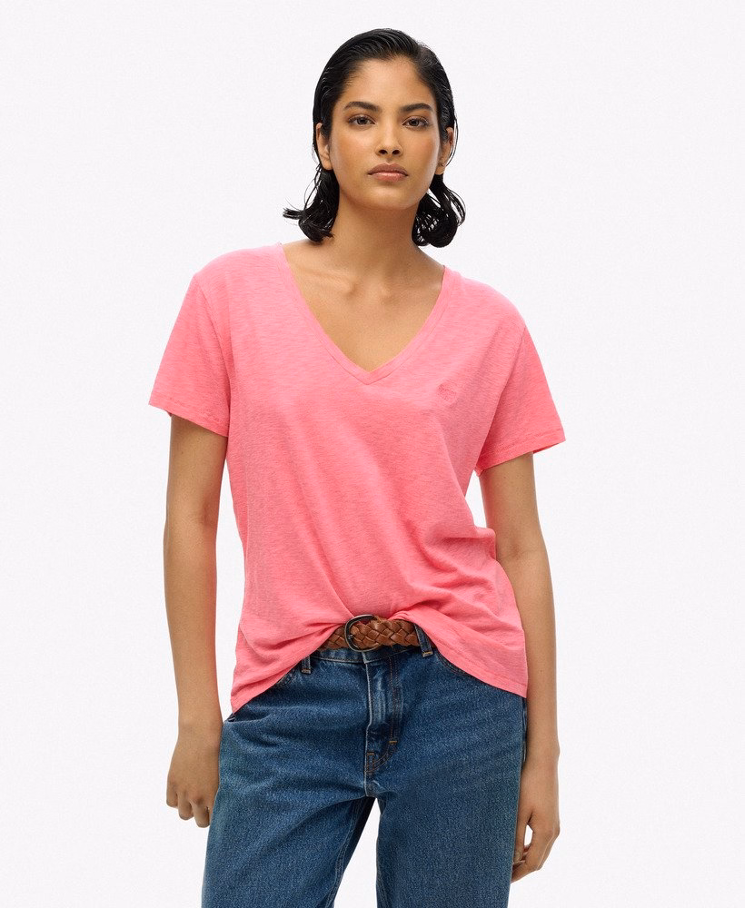 Superdry Damen T-Shirt mit V-Ausschnitt und Stickerei in Azaela Pink