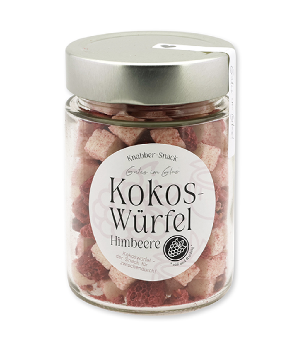 Feine Knabberei – Kokoswürfel mit Himbeeren - 180g im Glas Feine Knabberei – Kokoswürfel mit Himbeeren - 180g im Glas